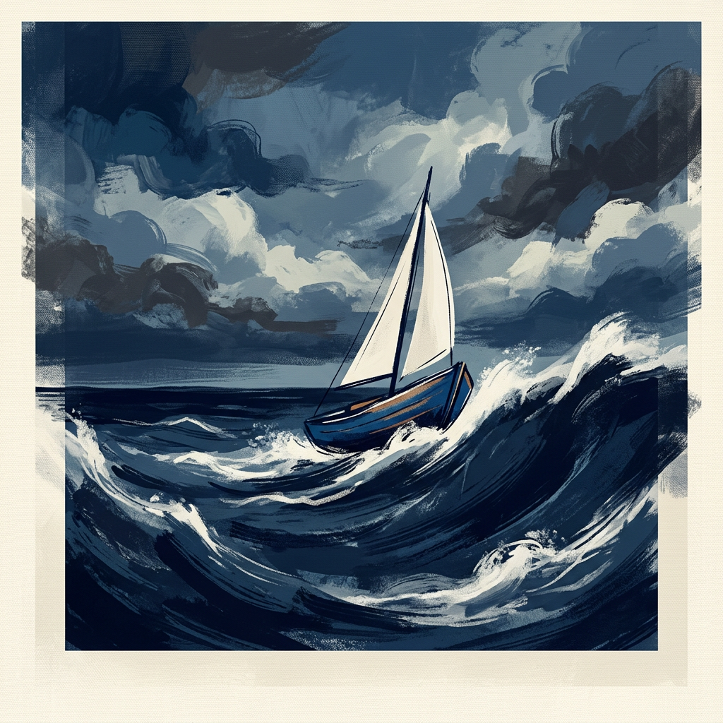 Velero estilizado sobre olas azul marino